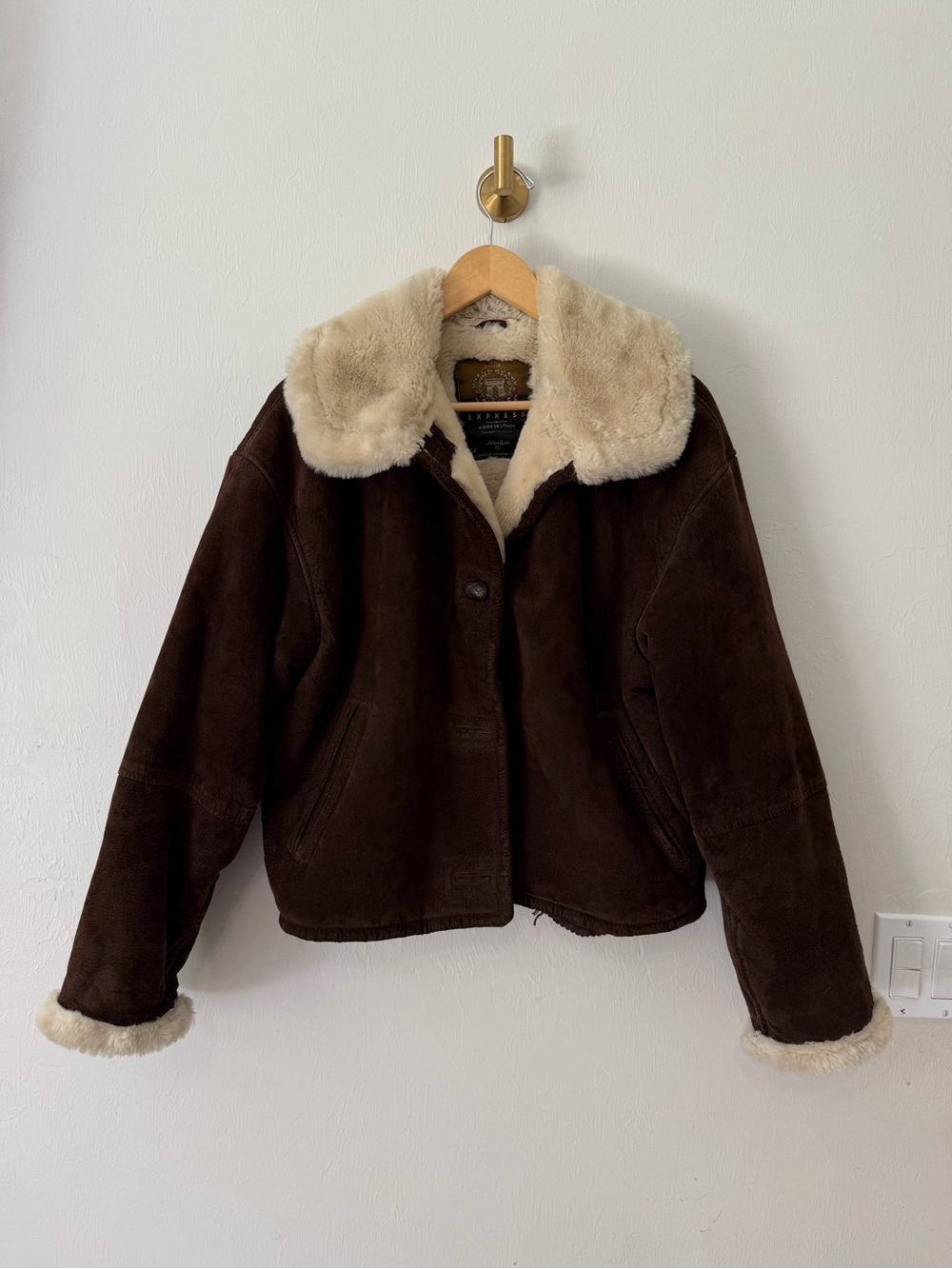 Vintage Express Dark Brown Suede Jacket with Cream Shearling Collar
